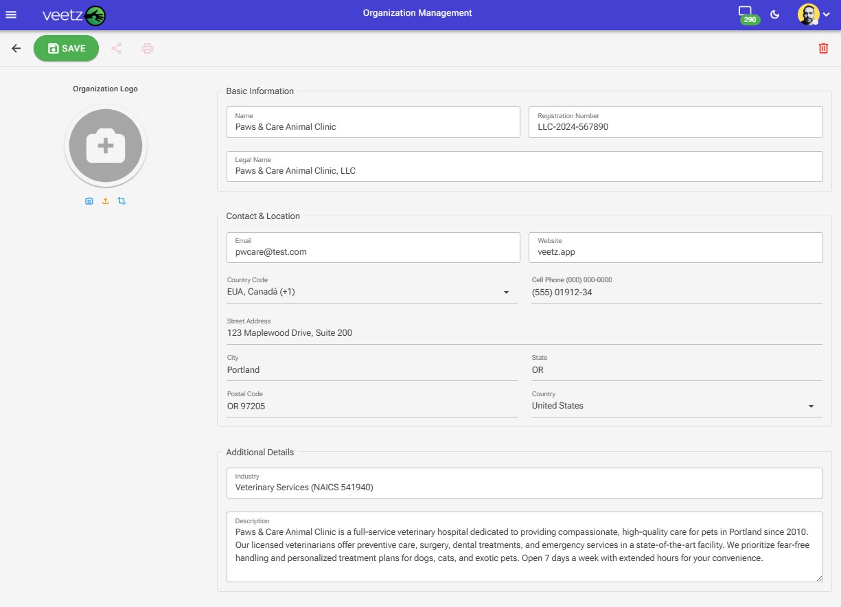 Veetz Organization Details Form
