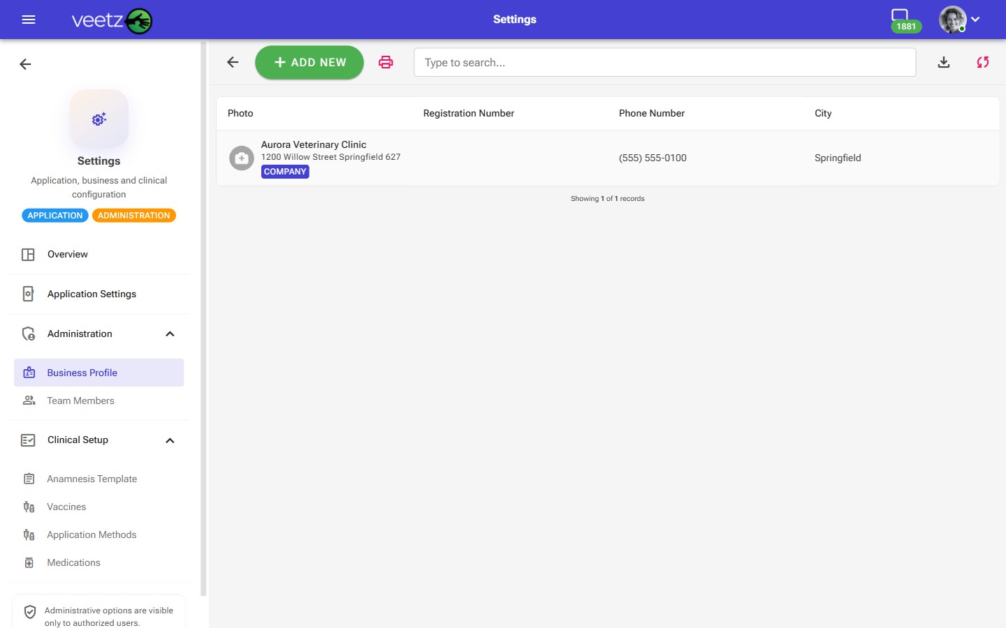 Pantalla del explorador de organizaciones de Veetz