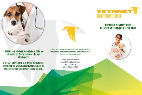 Folleto comercial de los años de Vetnnet, que presentaba un sistema en la nube para clínicas veterinarias y pet shops.