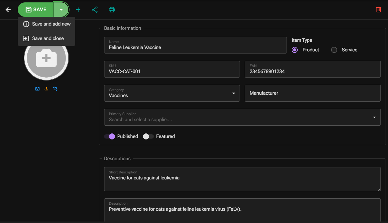 Veetz Catalog Item Details Screen