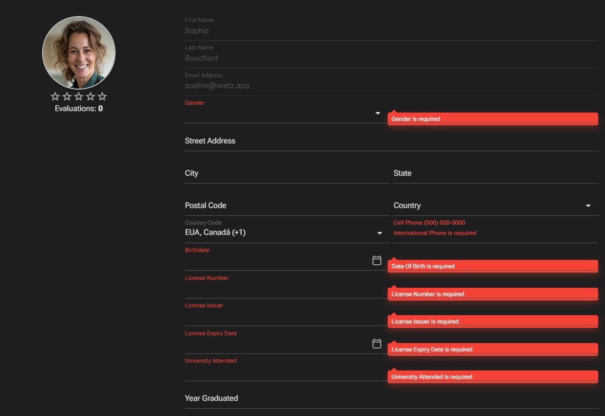 Campos obrigatórios no formulário de Perfil de Veterinário